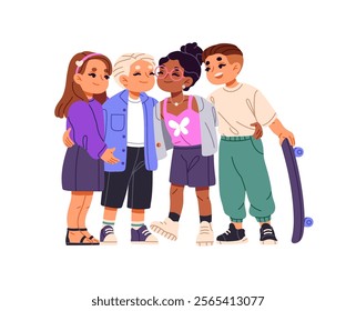 Happy kids warm hug together. Cute children cuddle, rejoice. Group of little friends embraces, support each other. International friendship. Flat isolated vector illustration on white background