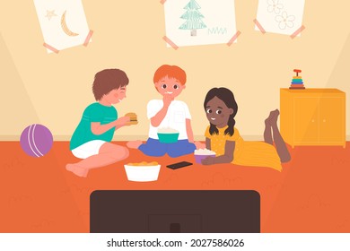 Happy Kids Watching Tv At Home Vector Illustration. Cartoon Boy Girl Child Characters Have Fun, Eat Burger And Popcorn, Watch Movie Video Film, Sitting On Floor Together In Living Room Background