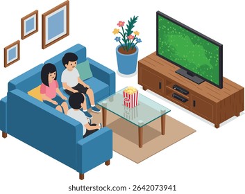 Happy kids watching TV together in living room with popcorn, couch, and cozy home entertainment setup in modern interior design

