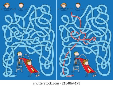 Happy kids and water slide maze for kids with a solution