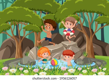 Happy kids at the waterfall illustration