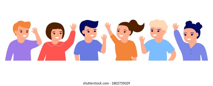 Happy Kids Waving Hands Hello. Smiling Little Children Greeting, Welcome Or Goodbye Gesture. Young Friends, Elementary School Students, Kindergarten Pupils Boys And Girls. Vector Flat Illustration