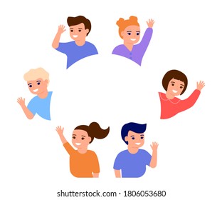 Happy kids waving hands hello, stand in border circle copy space. Smiling children greeting, welcome or goodbye gesture. Friends, elementary school students, kindergarten boys and girls. Vector flat