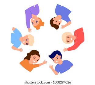 Happy kids waving hands hello, stand in border circle copy space. Smiling children greeting, welcome or goodbye gesture. Friends, elementary school students, kindergarten boys and girls. Vector flat