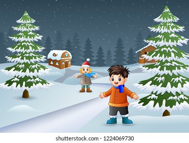 Happy kids to wear winter clothes and play in a village environment