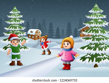 Happy kids to wear winter clothes and play in a village environment