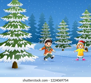Happy kids to wear winter clothes and play outdoors