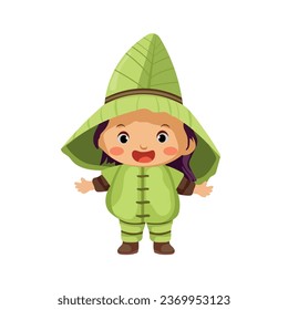 happy kids wearing full body natural plant costume with big wizard head from leaf for school theatrical action character vector flat illustration