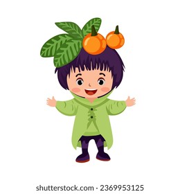 happy kids wearing full body vegetable and fruit plant costume for school nature theatrical action character vector flat illustration