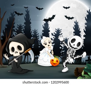 Happy kids wearing halloween costume in the night