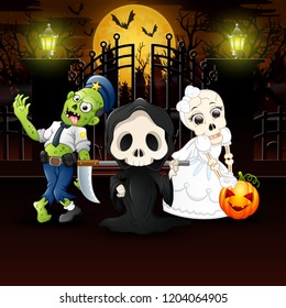 Happy kids wearing halloween costume outdoors at night