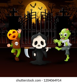 Happy kids wearing halloween costume outdoors at night
