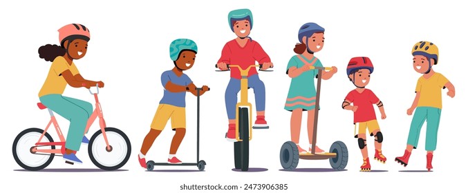 Happy Kids Wearing Helmets And Riding Various Vehicles Including Bikes, Scooters, And Hoverboards. Children Enjoying Outdoor Activities And Emphasizing Safety, A Sense Of Fun, Adventure And Friendship