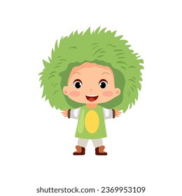 happy kids wearing natural plant costume with big hat of leaf grass for school theatrical action character vector flat illustration