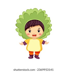 happy kids wearing natural plant costume with big hat of leaf grass for school theatrical action character vector flat illustration