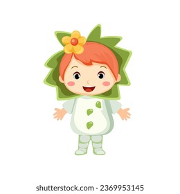 happy kids wearing natural plant costume with flower head accessories for school nature theatrical action character vector flat illustration