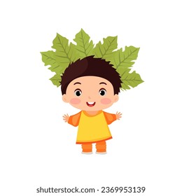 happy kids wearing nature plant costume with leaf ornament on the head. Happy children with organic outfit for school theatrical action character vector flat illustration