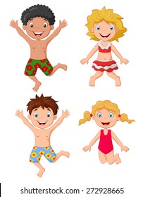 Happy kids wearing swimsuit jumping