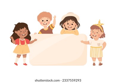 Happy kids with white empty banner. Joyful little boys and girls holding blank board, placard or paper sheet vector illustration