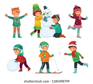 Happy kids winter activities. Children playing with snow. Cartoon fun laughing kid characters playing, making snowman, skiing in winters hats, scarf and mittens Xmas vector isolated icons collection