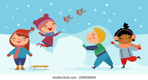 Happy kids in winter. Cute cartoon boy and girls playing in the snow. Children outdoor game in the cold time. Hand drawn vector illustration, flat design.  