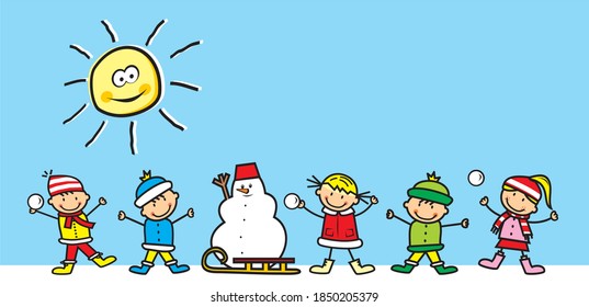 Happy kids in winter with snowman and sled, cute vector illustration