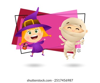 Niños felices en trajes de bruja y momia divirtiéndose en la fiesta. Fiesta de Halloween y concepto de celebración. La Ilustración vectorial se puede utilizar para invitaciones, carteles, Anuncios