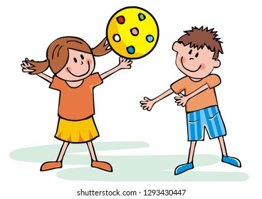 Happy kids with yellow ball, vector illustration