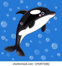 Happy Killer Whale under the water with bubbles, vector illustration of Cute Orca 