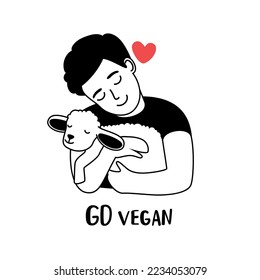 Happy kind boy hugging a lamb and shows his love to animals. Nature respect concept and vegan lifestyle. Cute lamb with little heart. Vector illustration about friendship between people and animals