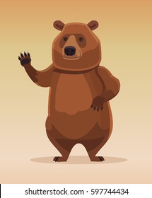 Happy kind friendly bear character welcomes and waving his paw. Vector flat cartoon illustration