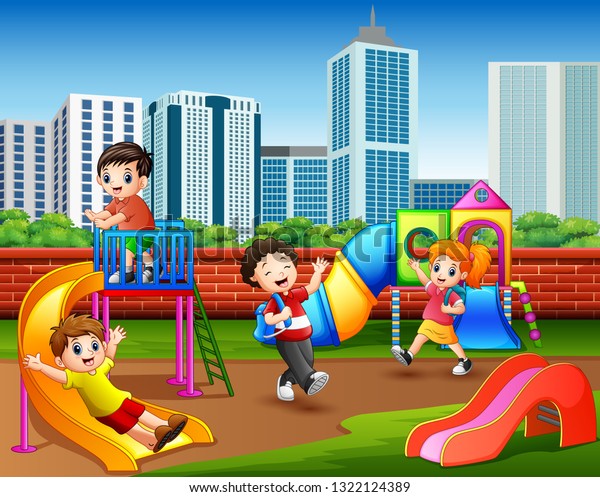 Happy Kindergarten Children Playing Playground Stock Vector (Royalty ...