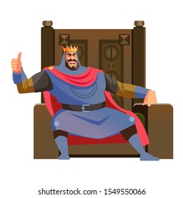 Happy King. Cartoon king sits on throne and gives thumbs up while smiling, cartoon vector illustration isolated in white background.