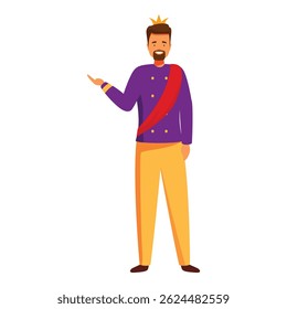 Happy king character wearing crown and royal mantle showing with hand gesture on white background