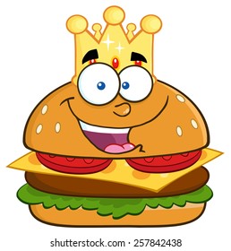 Happy King Hamburger Cartoon Character With Gold Crown. Vector Illustration Isolated On White