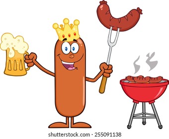 Happy King Sausage Cartoon Character Holding A Beer And Weenie Next To BBQ. Vector Illustration Isolated On White