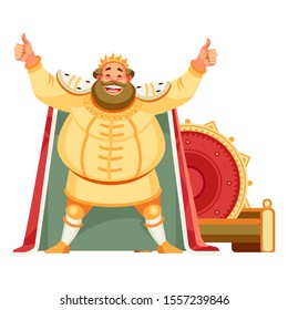 Happy king showing his support and respect to someone. Emperor, Monarch shows up two thumbs. Body language. I like that. Good job. Cartoon king character isolated background. Vector illustration