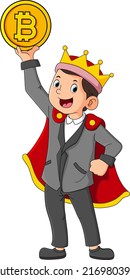 Der glückliche König steht, während er Bitcoin mit der Hand der Illustration anzieht