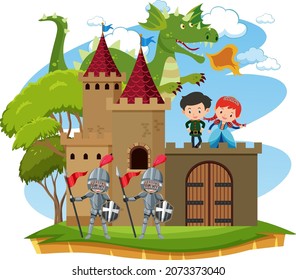 Happy kingdom with prince and princess illustration