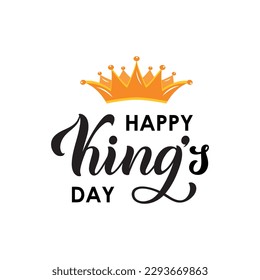 Happy King's Day handwritten text. Modern brush ink calligraphy isolated on white background, hand lettering typography for Dutch holiday. Vector illustration for greeting card, poster, banner