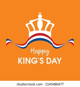 Happy King's day Koningsdag greeting card vector. Flag of the Netherlands ribbon shape vector. Royal crown with dutch flag ribbon icon. National holiday in the Netherlands. April 27. Important day