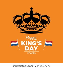 Feliz Día del Rey Koningsdag poster ilustración vectorial. Corona real aislada sobre fondo naranja. Símbolo de la bandera holandesa. Plantilla para fondo, banner, tarjeta. 27 de abril. Día importante