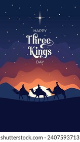 
Happy king's day. Three wise men following the star of Bethlehem in the desert