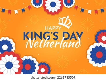 Happy Kings Netherlands Day Illustration with Waving Flags and King Celebration for Web Banner or Landing Page in Flat Cartoon Hand Drawn Templates