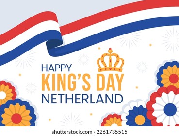 Happy Kings Netherlands Day Illustration with Waving Flags and King Celebration for Web Banner or Landing Page in Flat Cartoon Hand Drawn Templates