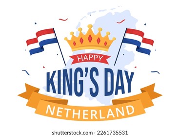 Happy Kings Netherlands Day Illustration with Waving Flags and King Celebration for Web Banner or Landing Page in Flat Cartoon Hand Drawn Templates