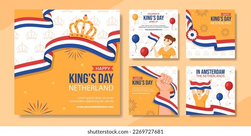 Happy Kings Netherlands Day Social Media Post Dibujo de caricatura plana con plantillas dibujadas Ilustración