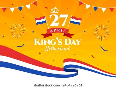 Happy Kings Netherlands Day Vector Illustration on 27 April with Waving Flags and Ribbon in King Celebration Flat Cartoon Background Design