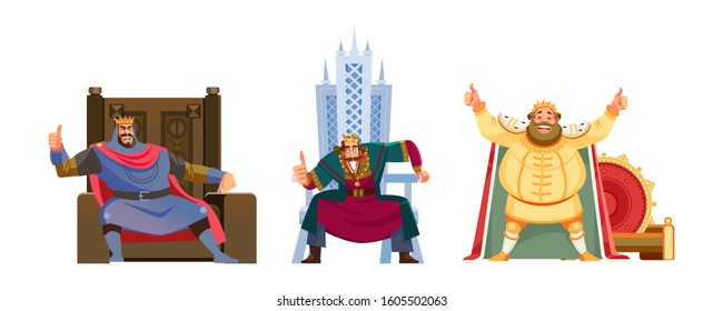 Happy kings show sight thumbs up and good luck. Set of different kings wearing crowns. Cartoon vector illustration isolated in white background. Kings - tall and short, slim and fat, young and old.