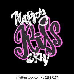 Happy kiss day calligraphic lettering poster.Modern dry brush ink artistic print. Handdrawn trendy design with authentic and unique scrapes, watercolor blotted background.